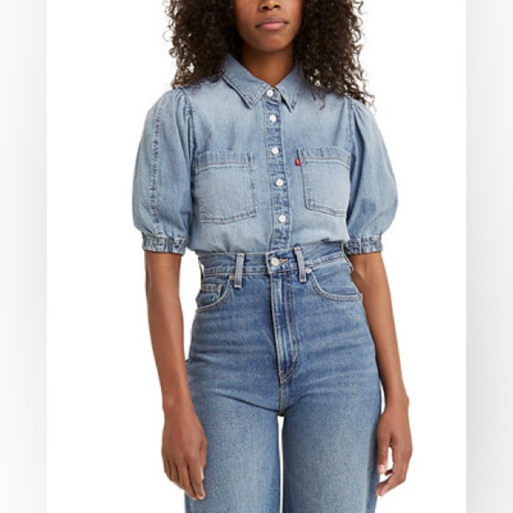 Levi’s Size M Alice Cotton Puff-Sleeve Denim Jean Button-Down Top
